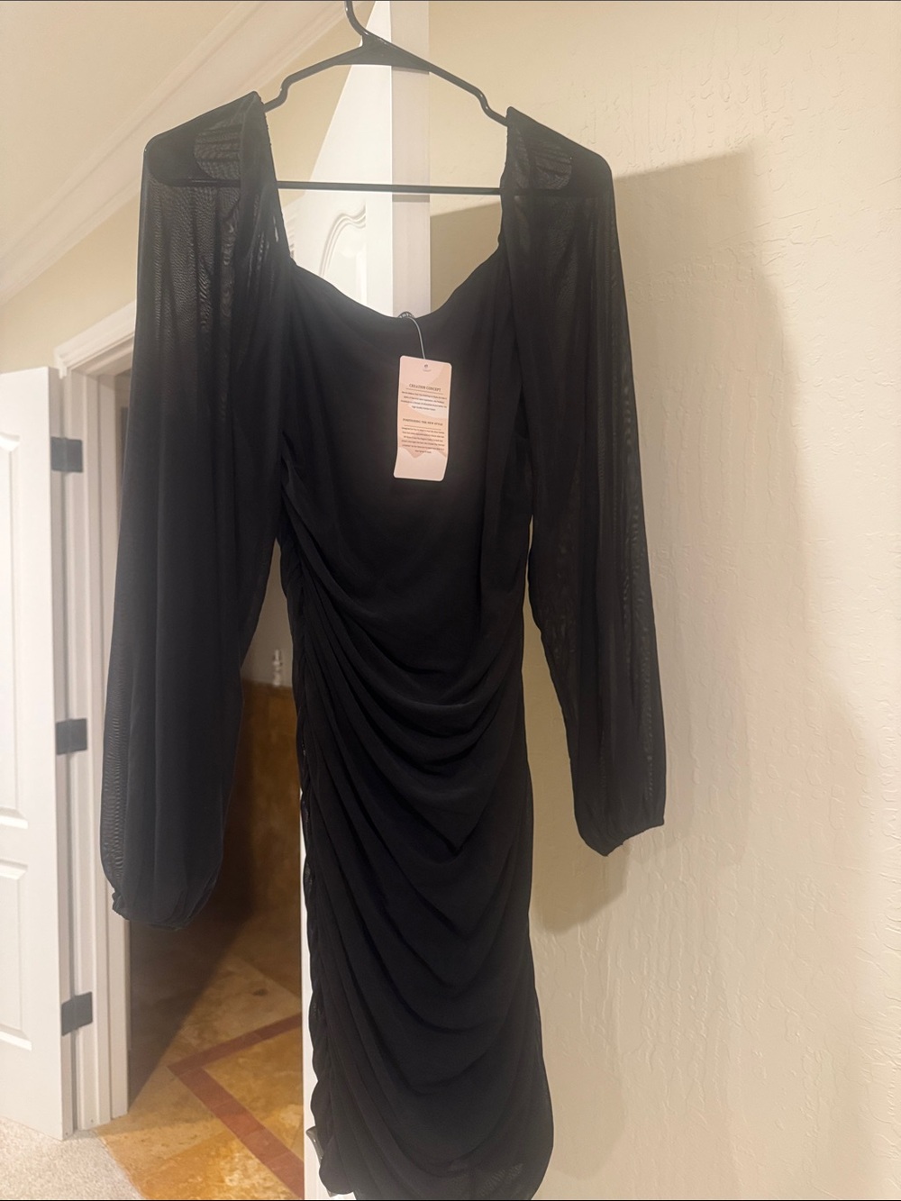 Black Long-Sleeve Ruched Midi Dress